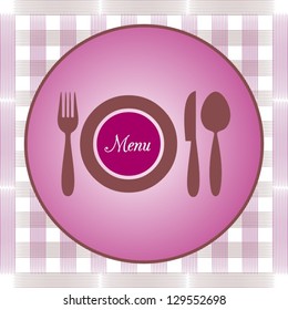 Violet restaurant menu with fork, plate, knife and spoon