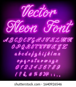 Violet retro 80s neon curly font. Luminous letter glow effects. High detailed alphabet, numbers and symbols for advertising. Techno acid style. Vector typeface for headlines, posters, etc.