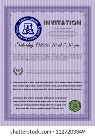 Violet Retro invitation. Elegant design. Detailed. Easy to print. 