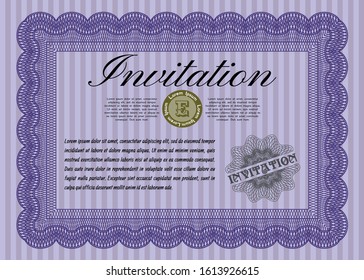 Violet Retro invitation. With guilloche pattern and background. Beauty design. Detailed. 