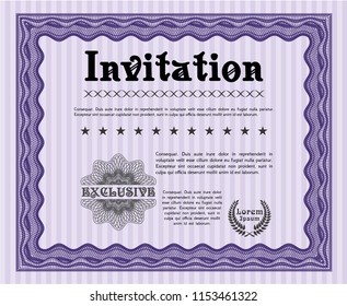 Violet Retro invitation. With linear background. Money Pattern. Detailed. 