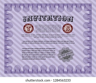 Violet Retro invitation. Modern design. Detailed. With guilloche pattern and background. 