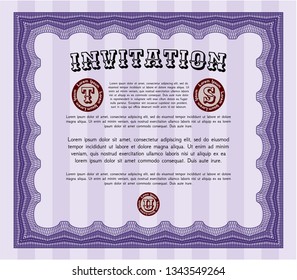 Violet Retro invitation. Money style design. Vector illustration. With great quality guilloche pattern. 