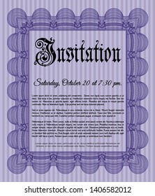 Violet Retro invitation template. Artistry design. Vector illustration. With guilloche pattern and background. 