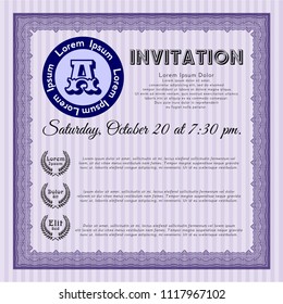 Violet Retro invitation template. With background. Money Pattern design. Detailed. 