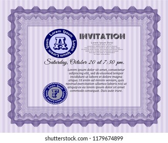 Violet Retro invitation template. With background. Artistry design. Detailed. 
