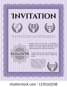 Violet Retro invitation template. With complex linear background. Artistry design. Vector illustration. 