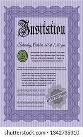 Violet Retro invitation template. With complex linear background. Customizable, Easy to edit and change colors. Modern design. 