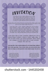 Violet Retro invitation template. With complex linear background. Elegant design. Detailed. 