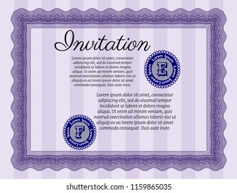 Violet Retro invitation template. Cordial design. Detailed. With guilloche pattern and background. 