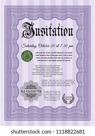 Violet Retro invitation template. Customizable, Easy to edit and change colors. With guilloche pattern and background. Artistry design. 
