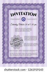 Violet Retro invitation template. Detailed. With guilloche pattern. Perfect design. 