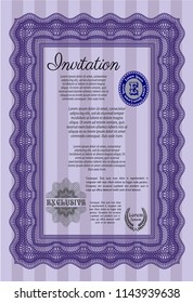 Violet Retro invitation template. Excellent design. With guilloche pattern. Detailed. 