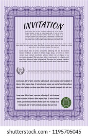 Violet Retro invitation template. With great quality guilloche pattern. Money Pattern design. Customizable, Easy to edit and change colors. 