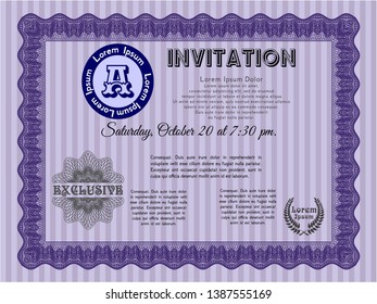 Violet Retro invitation template. With great quality guilloche pattern. Vector illustration. Excellent design. 