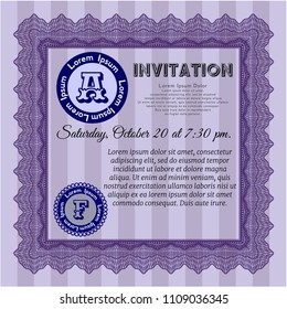 Violet Retro invitation template. With guilloche pattern and background. Good design. Detailed. 