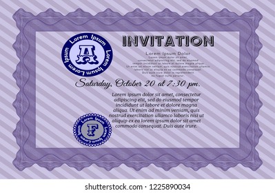 Violet Retro invitation template. With guilloche pattern. Vector illustration. Lovely design. 