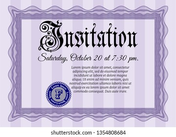 Violet Retro invitation template. With guilloche pattern and background. Sophisticated design. Customizable, Easy to edit and change colors. 