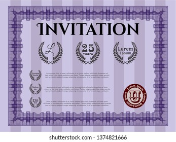Violet Retro invitation template. With guilloche pattern. Customizable, Easy to edit and change colors. Retro design. 