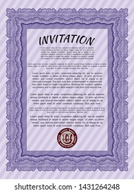 Violet Retro invitation template. With guilloche pattern. Money design. Vector illustration. 