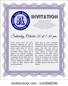 Violet Retro invitation template. With linear background. Detailed. Money style design. 