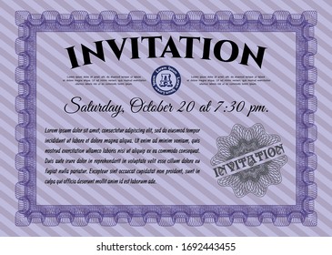 Violet Retro invitation template. With linear background. Detailed. Money style design. 