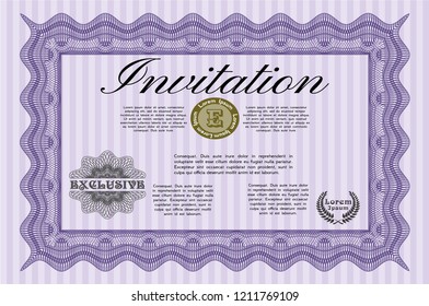 Violet Retro invitation template. Money style design. Printer friendly. Detailed. 