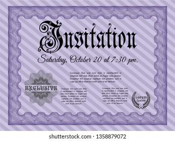 Violet Retro invitation template. Superior design. Detailed. With linear background. 