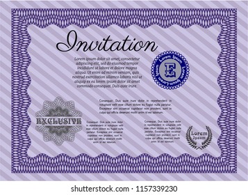 Violet Retro vintage invitation. With complex linear background. Detailed. Money Pattern design. 
