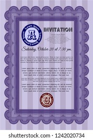 Violet Retro vintage invitation. With complex linear background. Customizable, Easy to edit and change colors. Money Pattern. 