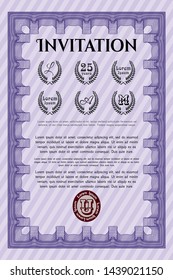 Violet Retro vintage invitation. With complex linear background. Customizable, Easy to edit and change colors. Money Pattern. 