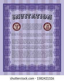 Violet Retro vintage invitation. With complex background. Detailed. Money style design. 