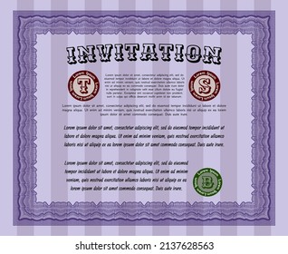 Violet Retro vintage invitation. Cordial design. With linear background. Vector illustration. 