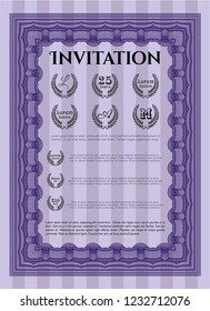 Violet Retro vintage invitation. Customizable, Easy to edit and change colors. With complex background. Money Pattern. 