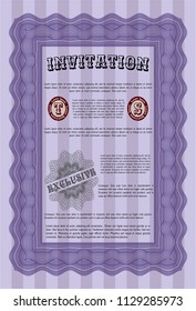 Violet Retro vintage invitation. Retro design. With complex linear background. Detailed. 
