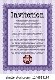 Violet Retro vintage invitation. With great quality guilloche pattern. Excellent design. Vector illustration. 