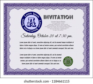 Violet Retro vintage invitation. With linear background. Detailed. Cordial design. 