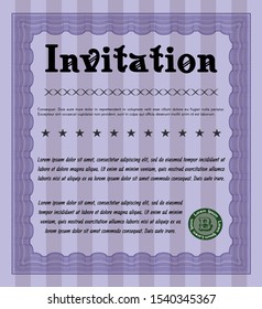 Violet Retro vintage invitation. Modern design. With complex linear background. Detailed. 