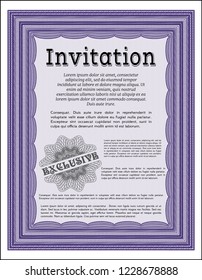 Violet Retro vintage invitation. Money style design. Vector illustration. With complex linear background. 