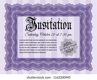 Violet Retro vintage invitation. Perfect design. With guilloche pattern and background. Detailed. 