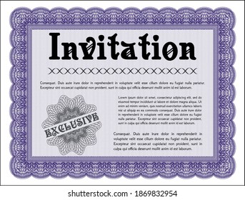 Violet Retro vintage invitation template. Nice design. With complex linear background. Detailed. 