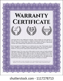 Violet Retro vintage Warranty Certificate. Vector illustration. With guilloche pattern. Money style design. 