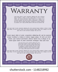 Violet Retro vintage Warranty Certificate. Money design. Vector illustration. Printer friendly. 