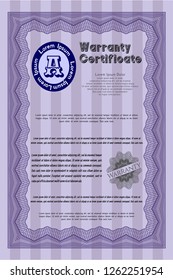 Violet Retro vintage Warranty Certificate. Money design. Vector illustration. With quality background. 