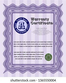 Violet Retro vintage Warranty Certificate. Printer friendly. Vector illustration. Retro design. 