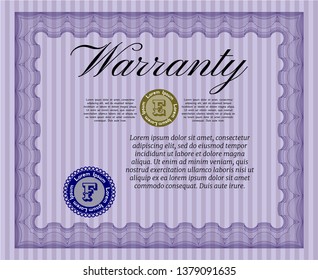 Violet Retro vintage Warranty Certificate. With complex linear background. Excellent design. Vector illustration. 