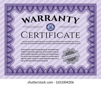 Violet Retro vintage Warranty Certificate. Detailed. With linear background. Superior design. 