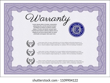  Violet Retro Warranty Certificate template. Good design. Detailed. With great quality guilloche pattern. 