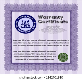 Violet Retro Warranty Certificate template. With great quality guilloche pattern. Money style design. Detailed. 