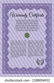 Violet Retro Warranty Certificate template. Easy to print. Vector illustration. Money Pattern. 